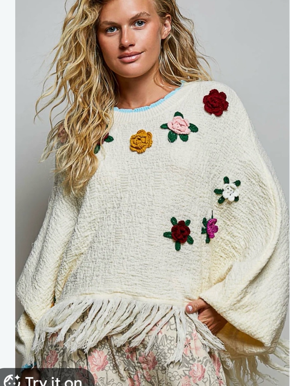POL Cream Fringe Pulllver/Poncho with Multicolor Floral Appliqués